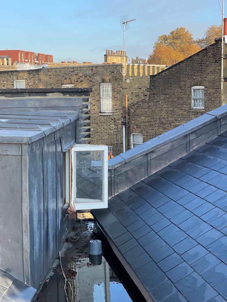 Leadwork detail on the Camden Locks roof during the rebuild