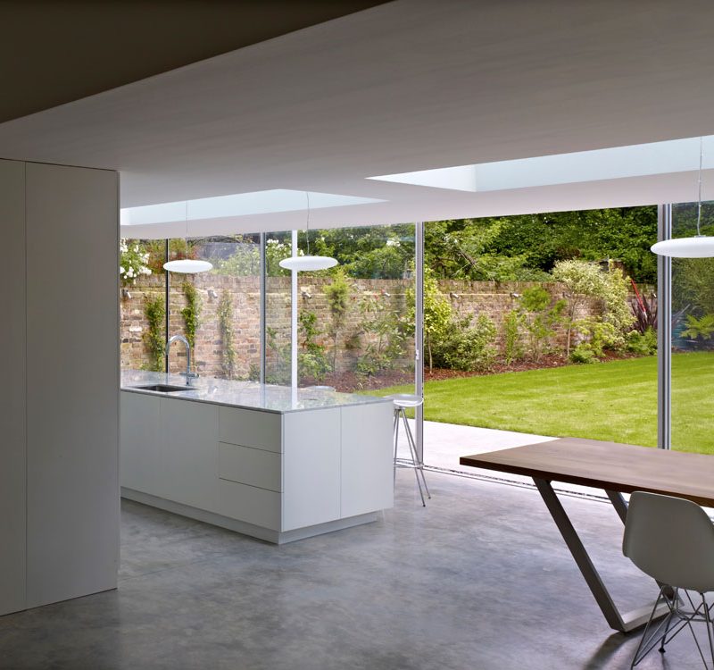 Completed London kitchen extension interior looking out to the garden