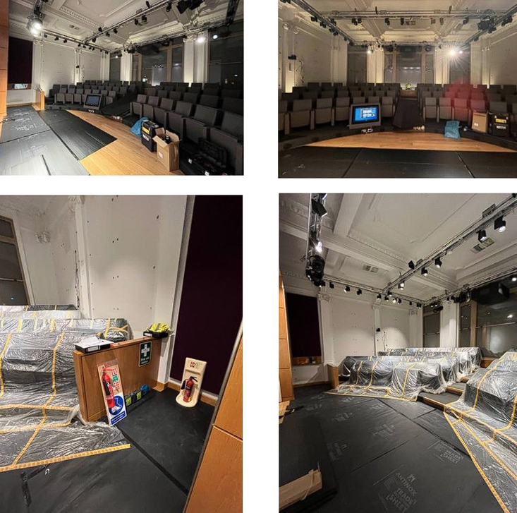 Royal Society of Medicine auditorium during reinstatement, showing protection works, scaffold access and spray decoration in progress