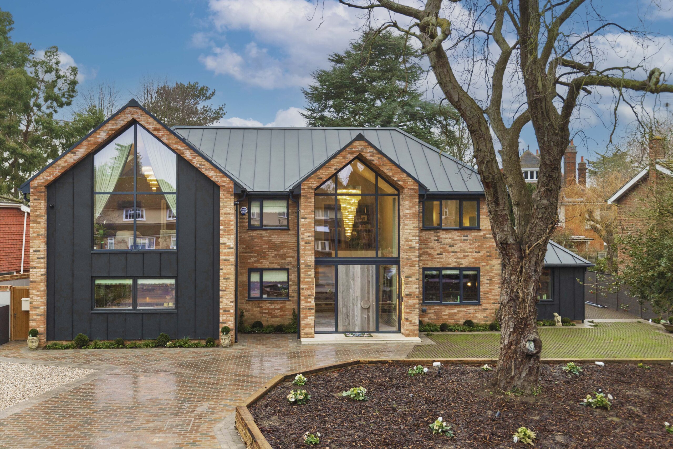 The front elevation of the Woodfield Road extension and whole house rebuild in Hertfordshire by Nationserv
