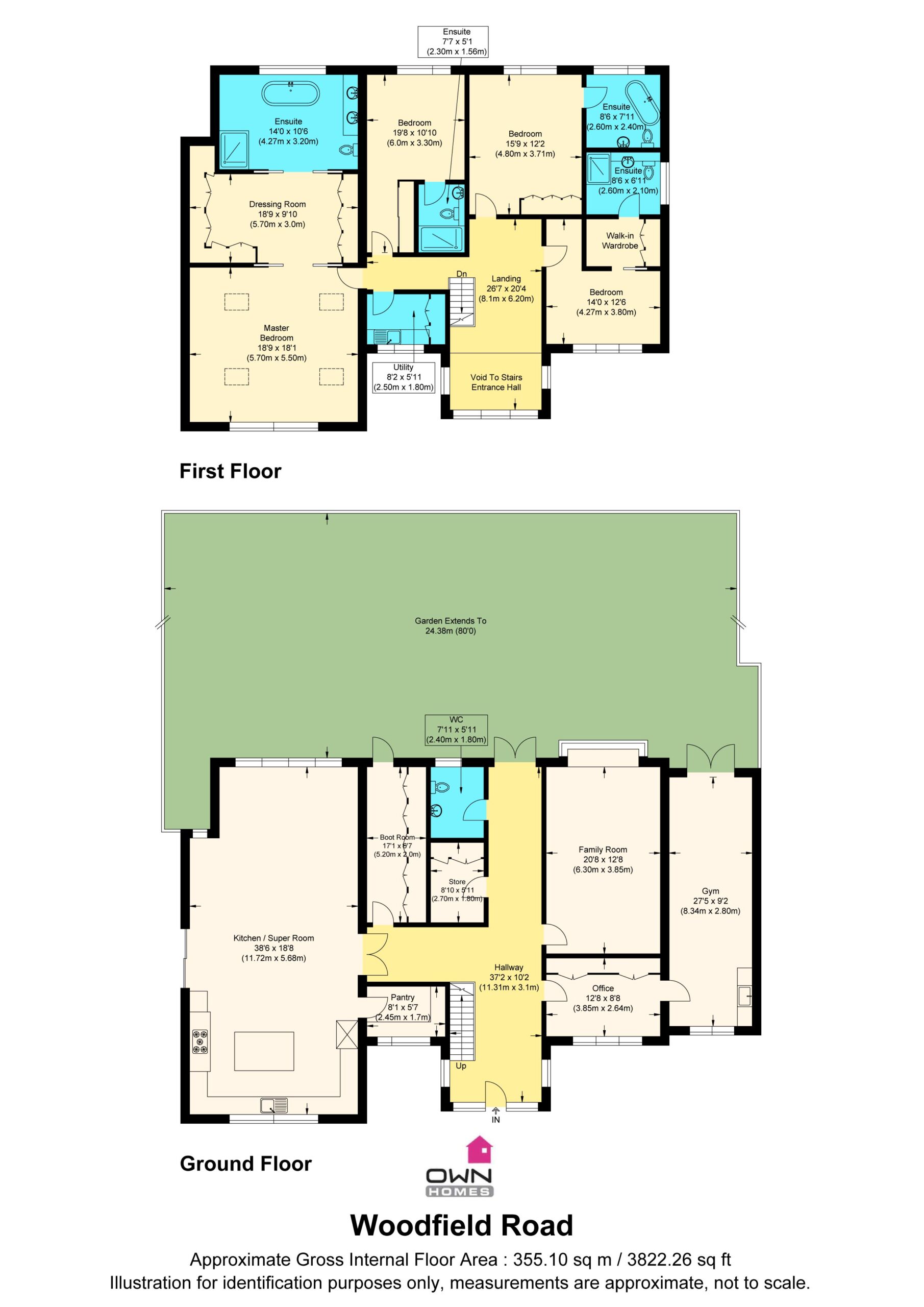 Ground floor and first floor plans for Woodfield Road showing a gross internal floor area of 355.10 square metres on completion